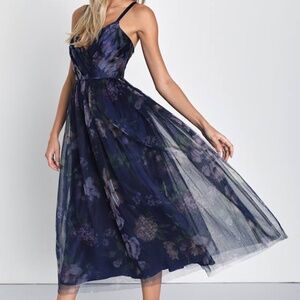 Lulus Elaborate Elegance Navy Floral Print Tulle Pleated Midi Dress Blue